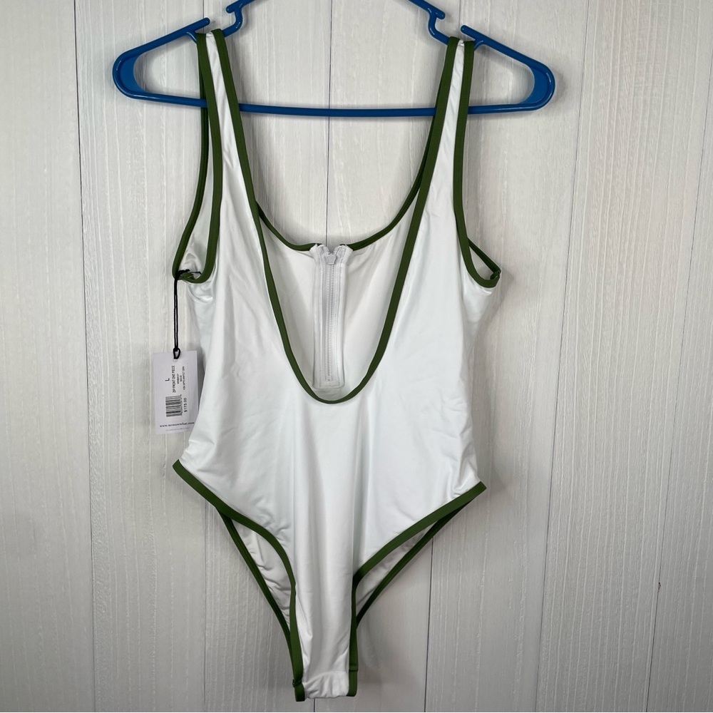 WeWoreWhat Zip Front One Piece Swimsuit - White/Green - Picture 5 of 9